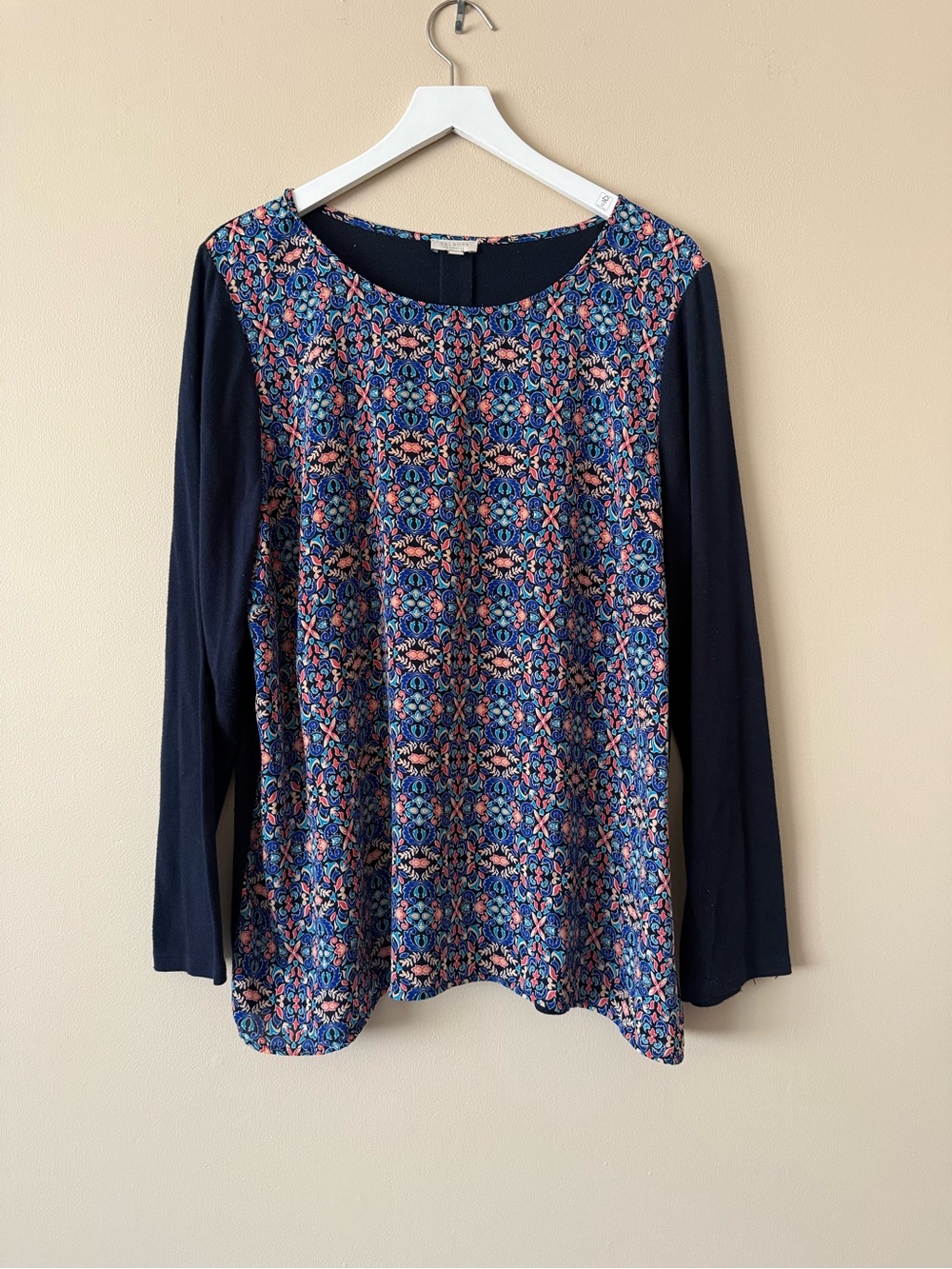 Talbots Navy Long-Sleeve Scoop Neck Top with Multicolor Medallion Print